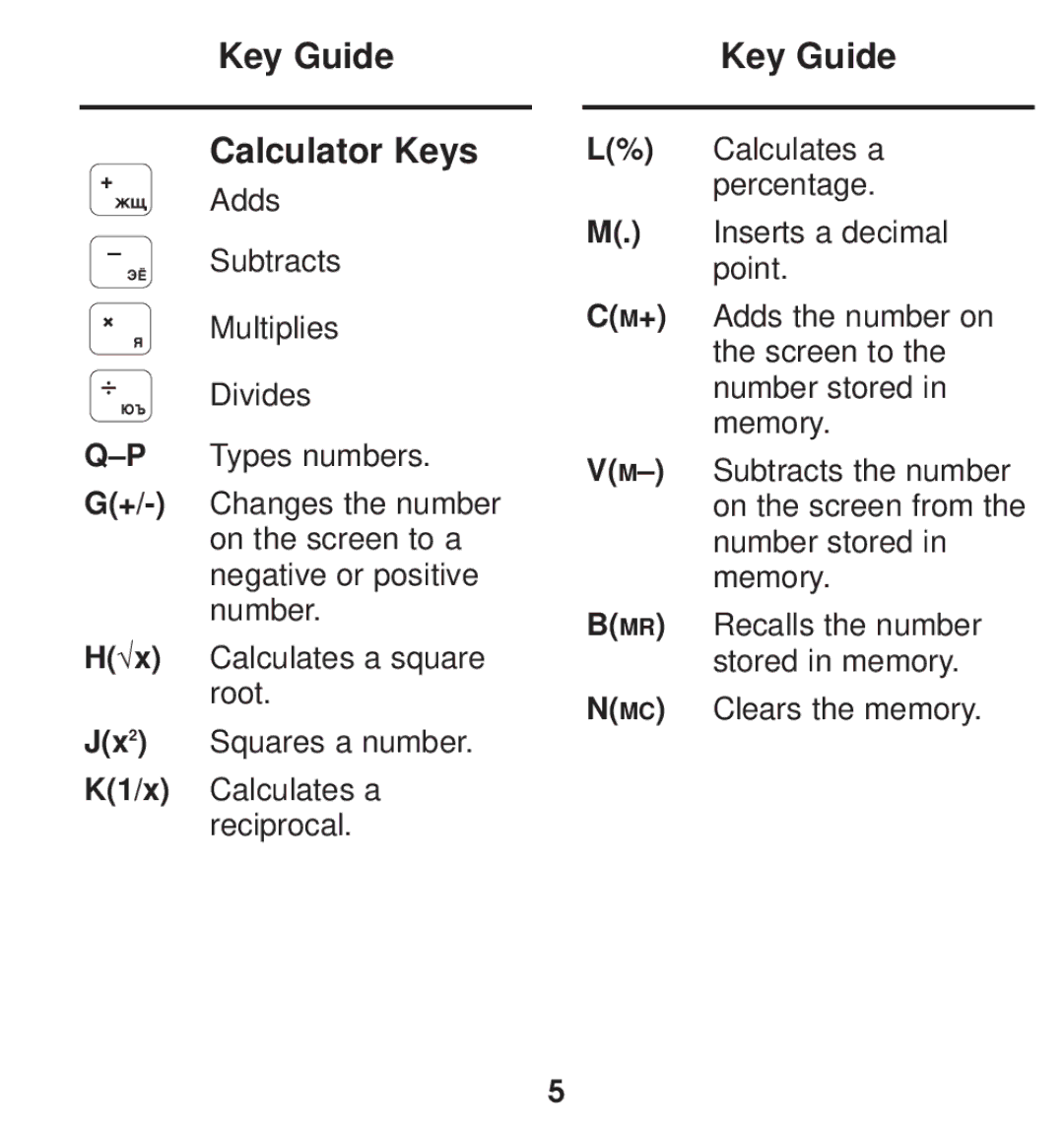 Franklin TGA-490 manual Key Guide Calculator Keys 