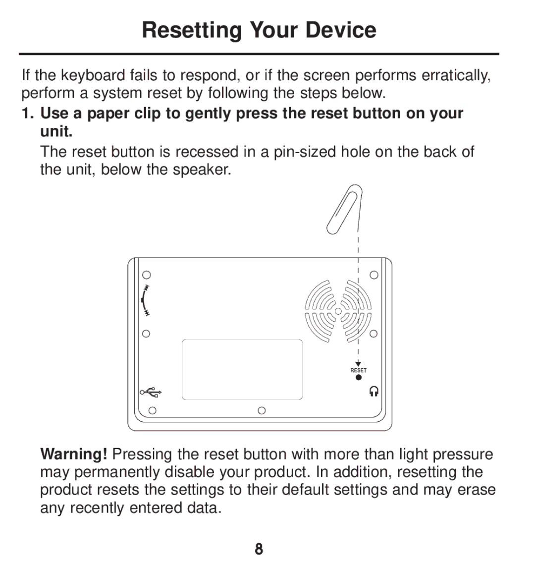 Franklin TGA-490 manual Resetting Your Device 