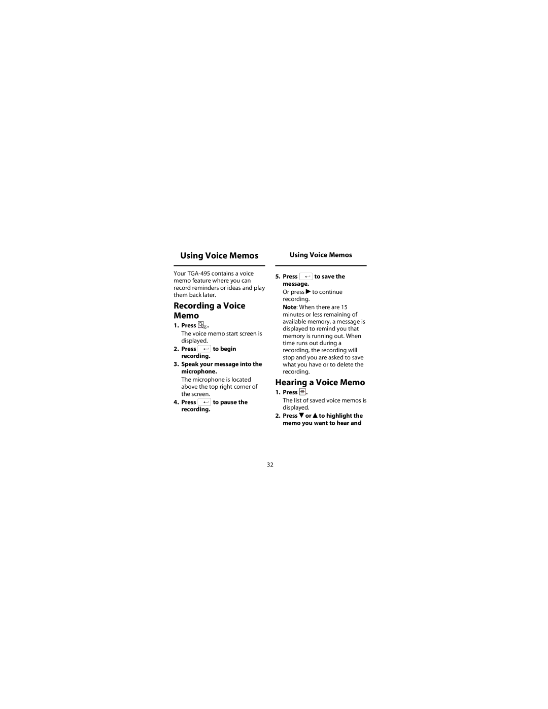 Franklin Franklin Electronic Publishers, TGA-495 manual Using Voice Memos, Recording a Voice Memo, Hearing a Voice Memo 