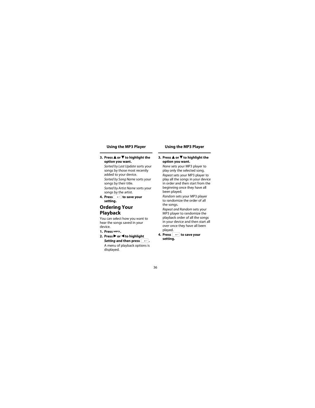 Franklin Franklin Electronic Publishers, TGA-495 Ordering Your Playback, Using the MP3 Player, Press to save your setting 