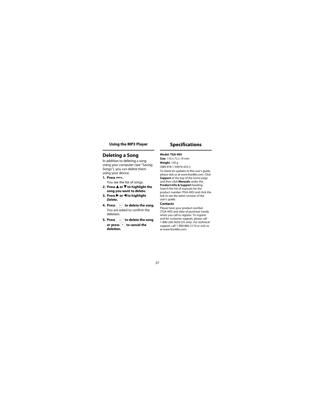 Franklin TGA-495, Franklin Electronic Publishers manual Deleting a Song, Specifications, Contacts 