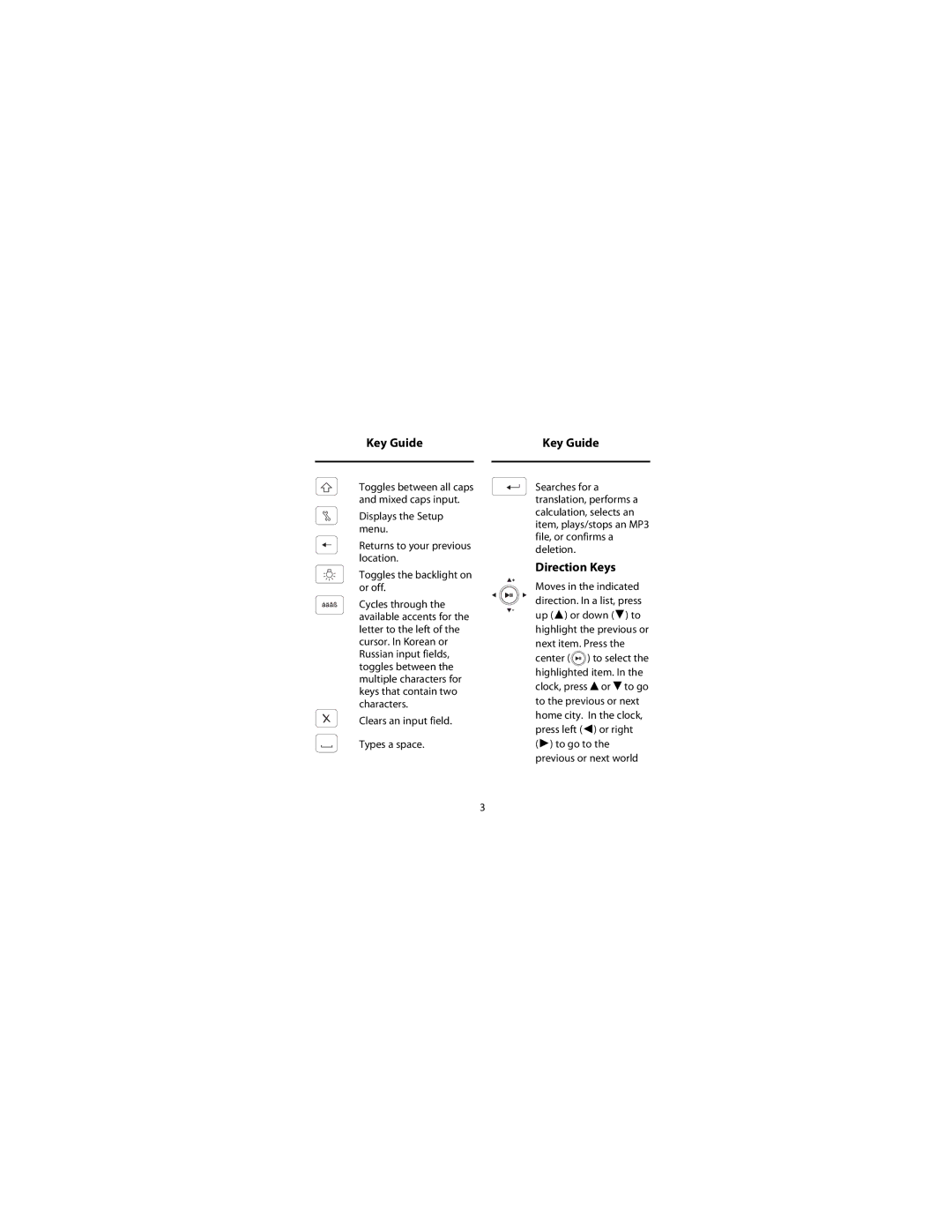 Franklin TGA-495, Franklin Electronic Publishers manual Direction Keys 