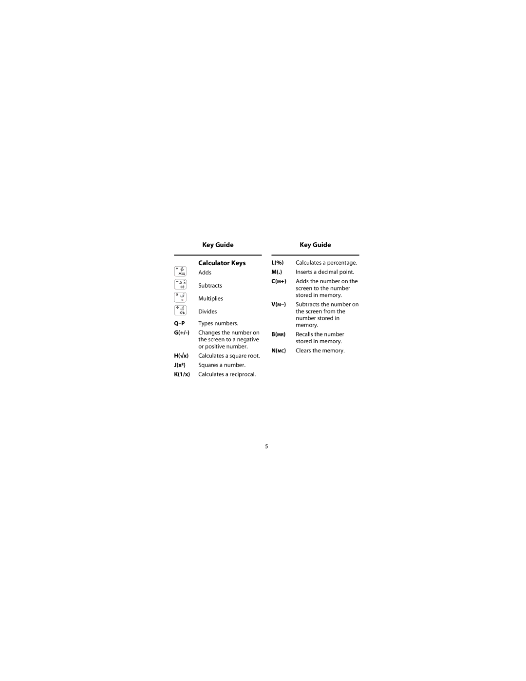 Franklin TGA-495 manual Key Guide Calculator Keys, Adds Subtracts Multiplies Divides PTypes numbers 