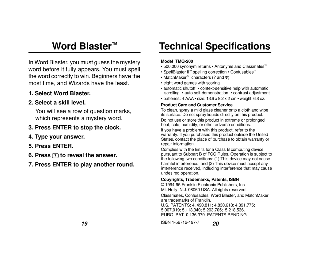 Franklin TMQ-200 manual Word Blaster, Technical Specifications 