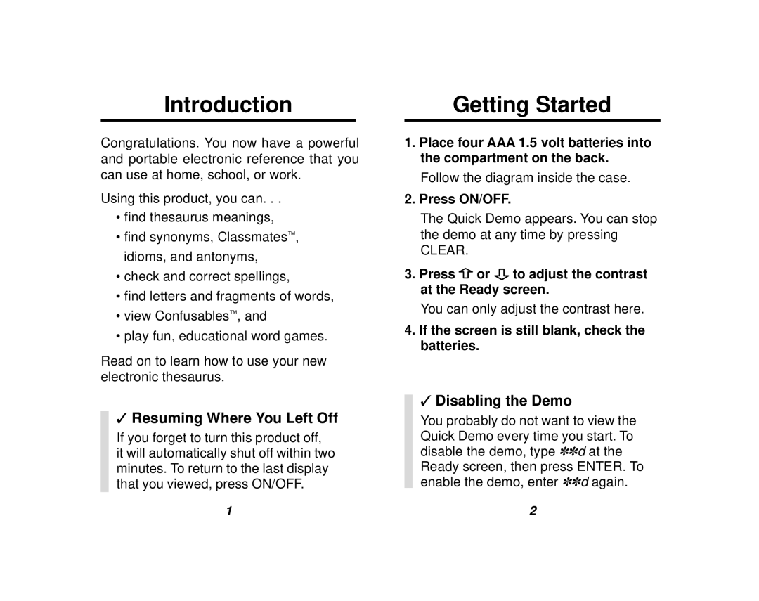 Franklin TMQ-200 manual Introduction, Getting Started, Resuming Where You Left Off, Disabling the Demo 