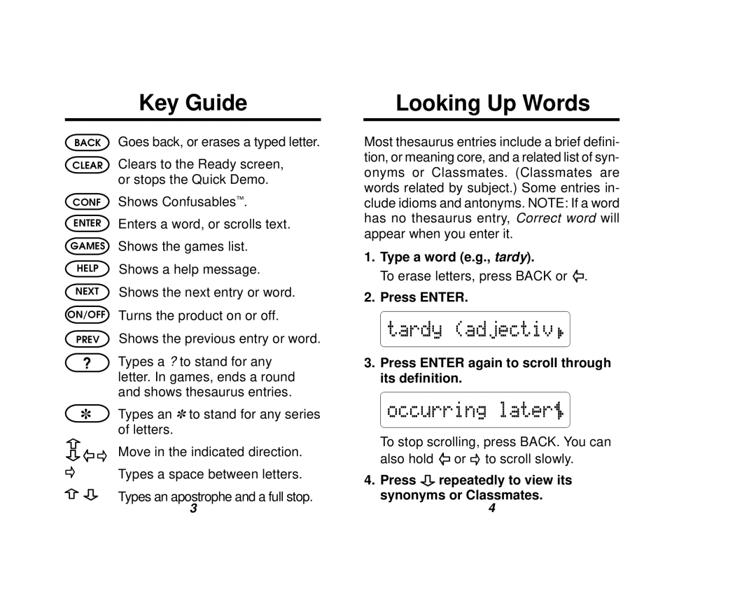 Franklin TMQ-200 manual Key Guide, Looking Up Words 