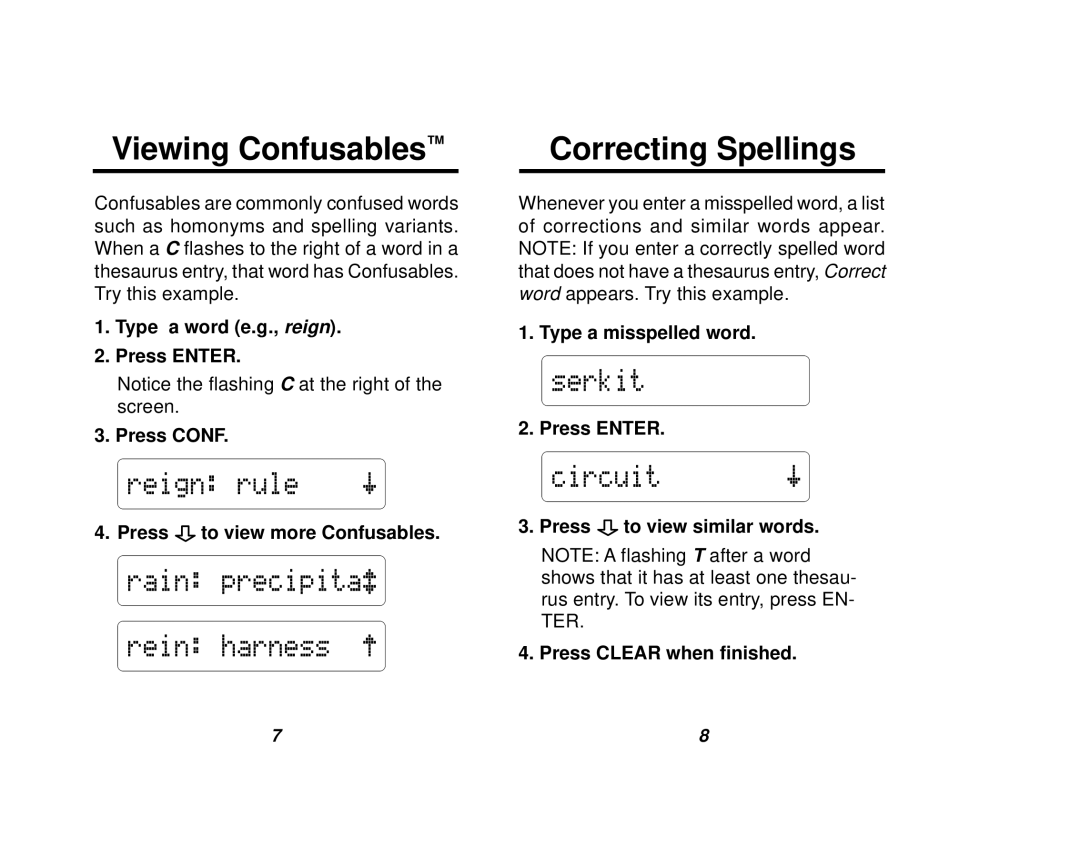 Franklin TMQ-200 manual Viewing Confusables, Correcting Spellings 