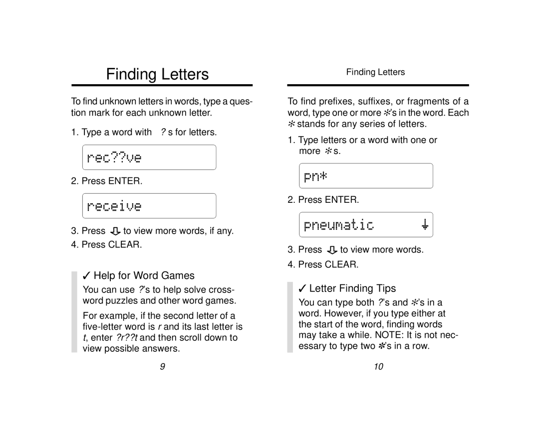 Franklin TMQ-200 manual Finding Letters, Help for Word Games, Letter Finding Tips 