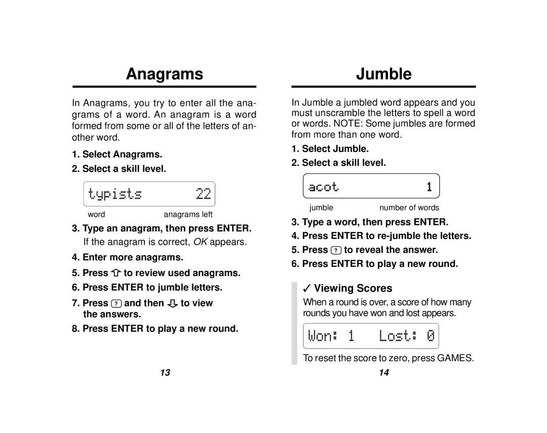 Franklin TMQ-200 manual Anagrams, Jumble, Viewing Scores 