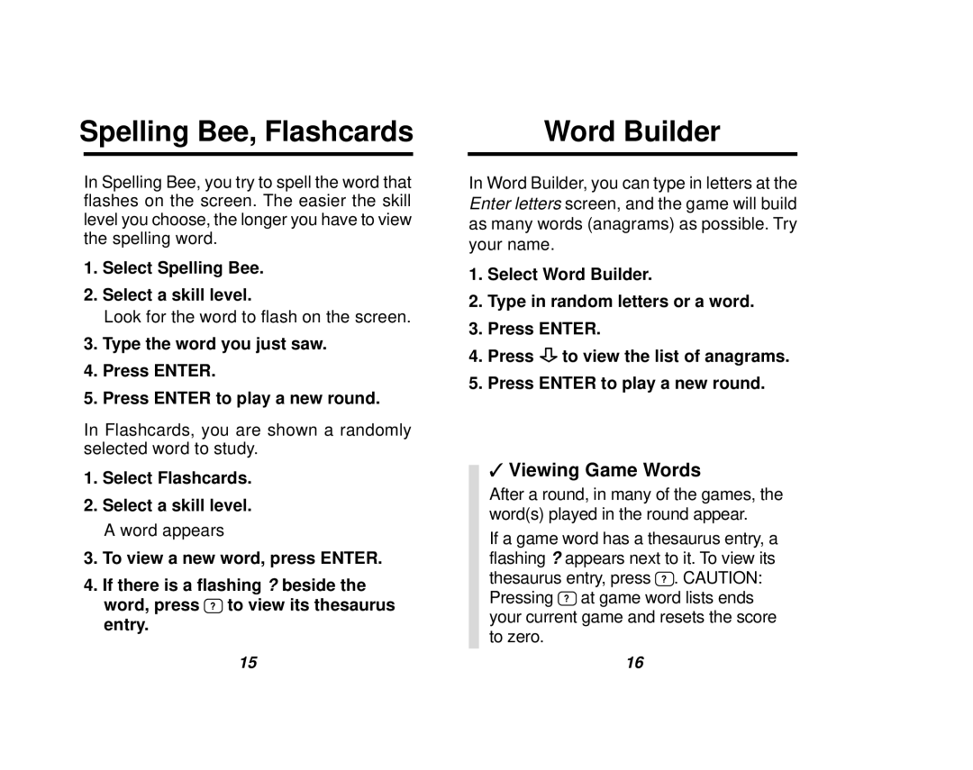 Franklin TMQ-200 manual Spelling Bee, Flashcards, Word Builder, Viewing Game Words 