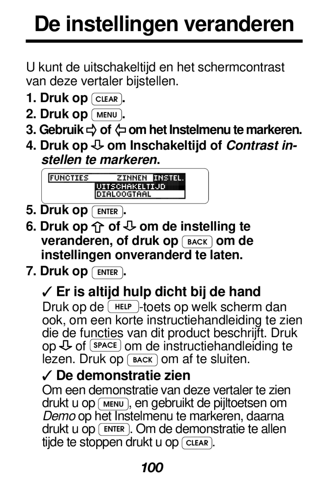 Franklin TRE-400 manual De instellingen veranderen, Er is altijd hulp dicht bij de hand, De demonstratie zien, 100 