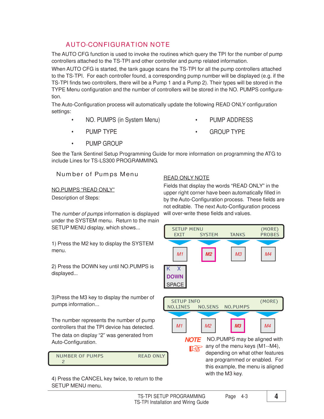 Franklin TS-TPI manual Number of Pumps Menu, NO.PUMPS Read only, Read only Note 