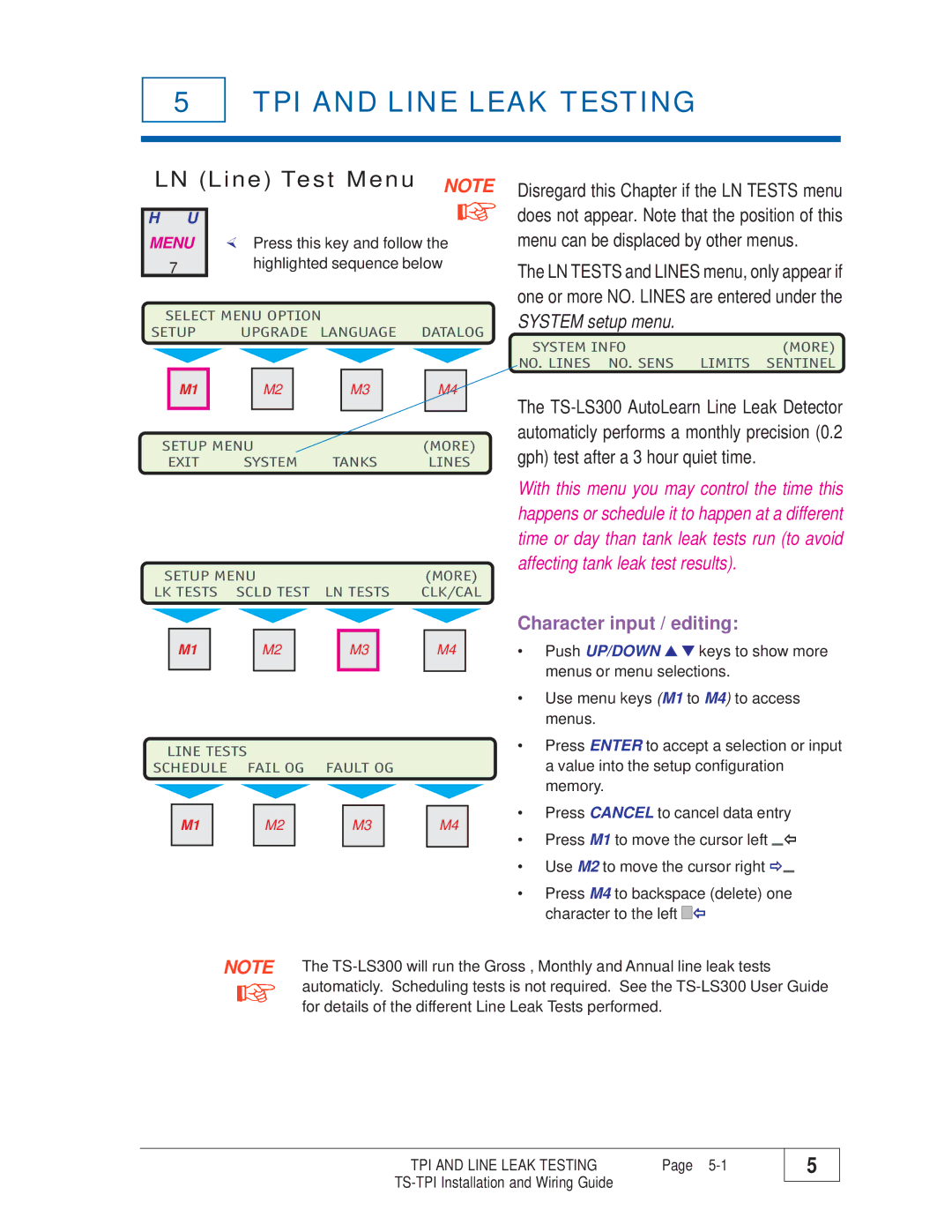 Franklin TS-TPI manual TPI and Line Leak Testing, LN Line Test Menu Note 