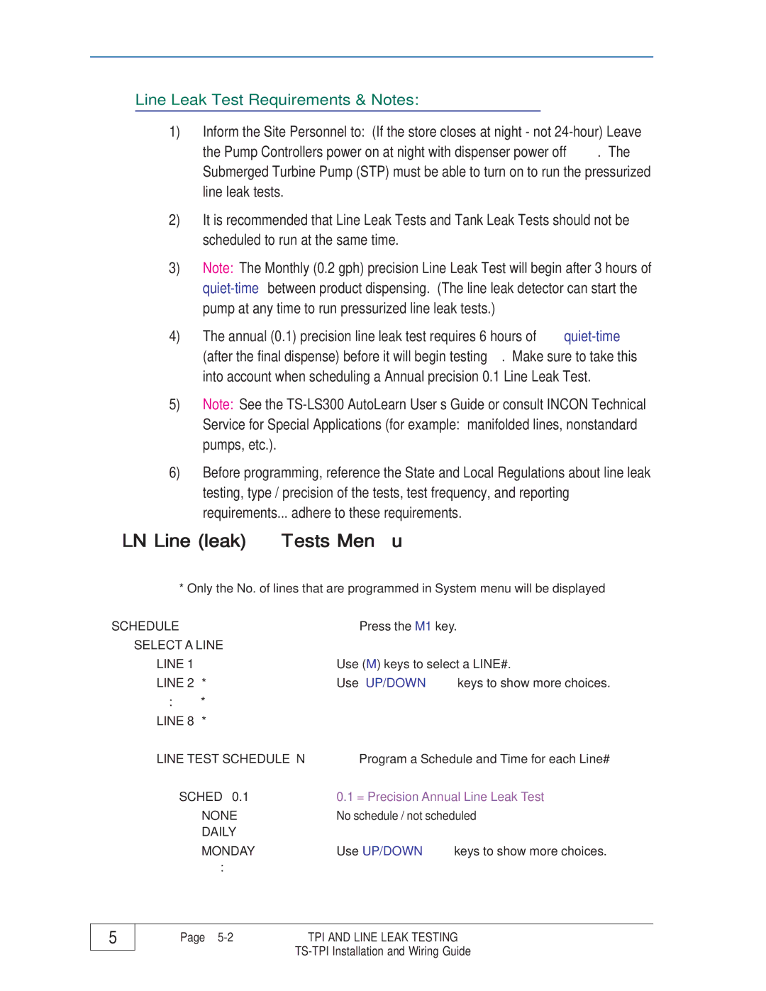 Franklin TS-TPI manual LN Line leak Tests Menu 