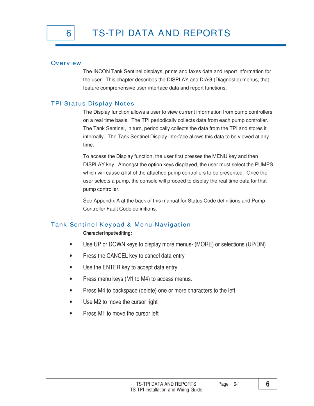 Franklin manual TS-TPI Data and Reports, Overview, TPI Status Display Notes, Tank Sentinel Keypad & Menu Navigation 