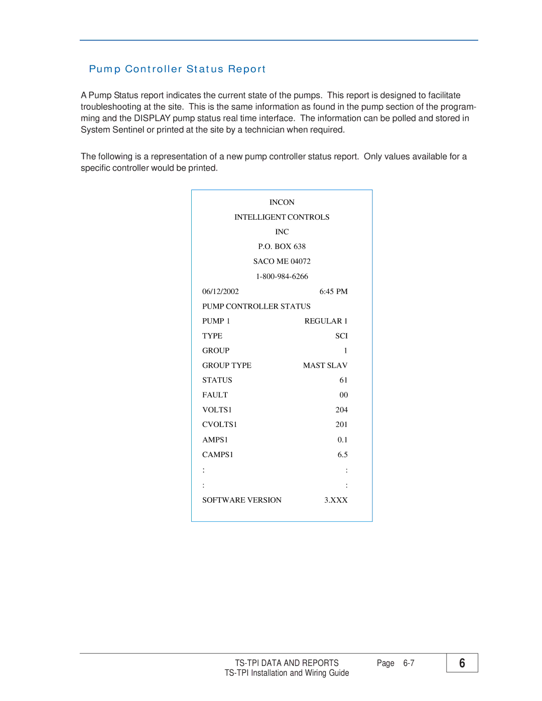 Franklin TS-TPI manual Pump Controller Status Report 