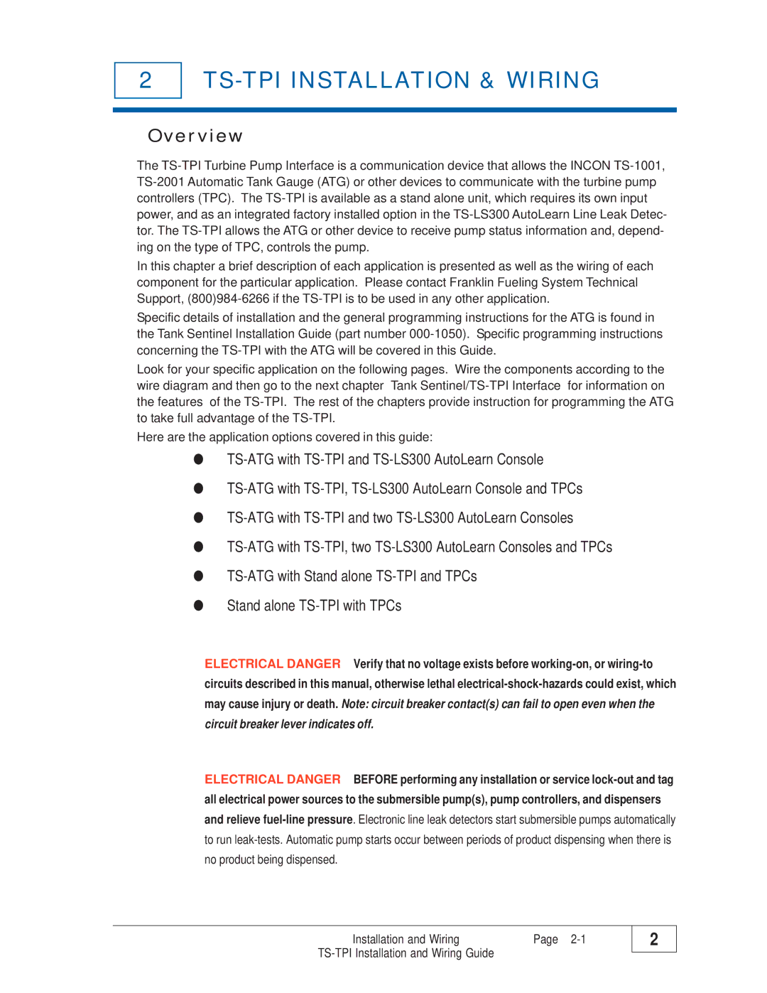 Franklin manual TS-TPI Installation & Wiring, Overview 