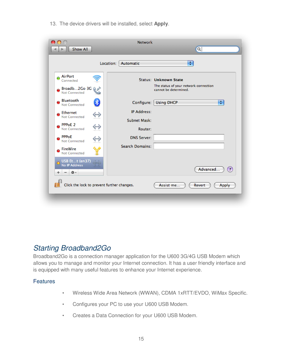 Franklin U600 user manual Starting Broadband2Go, Features 