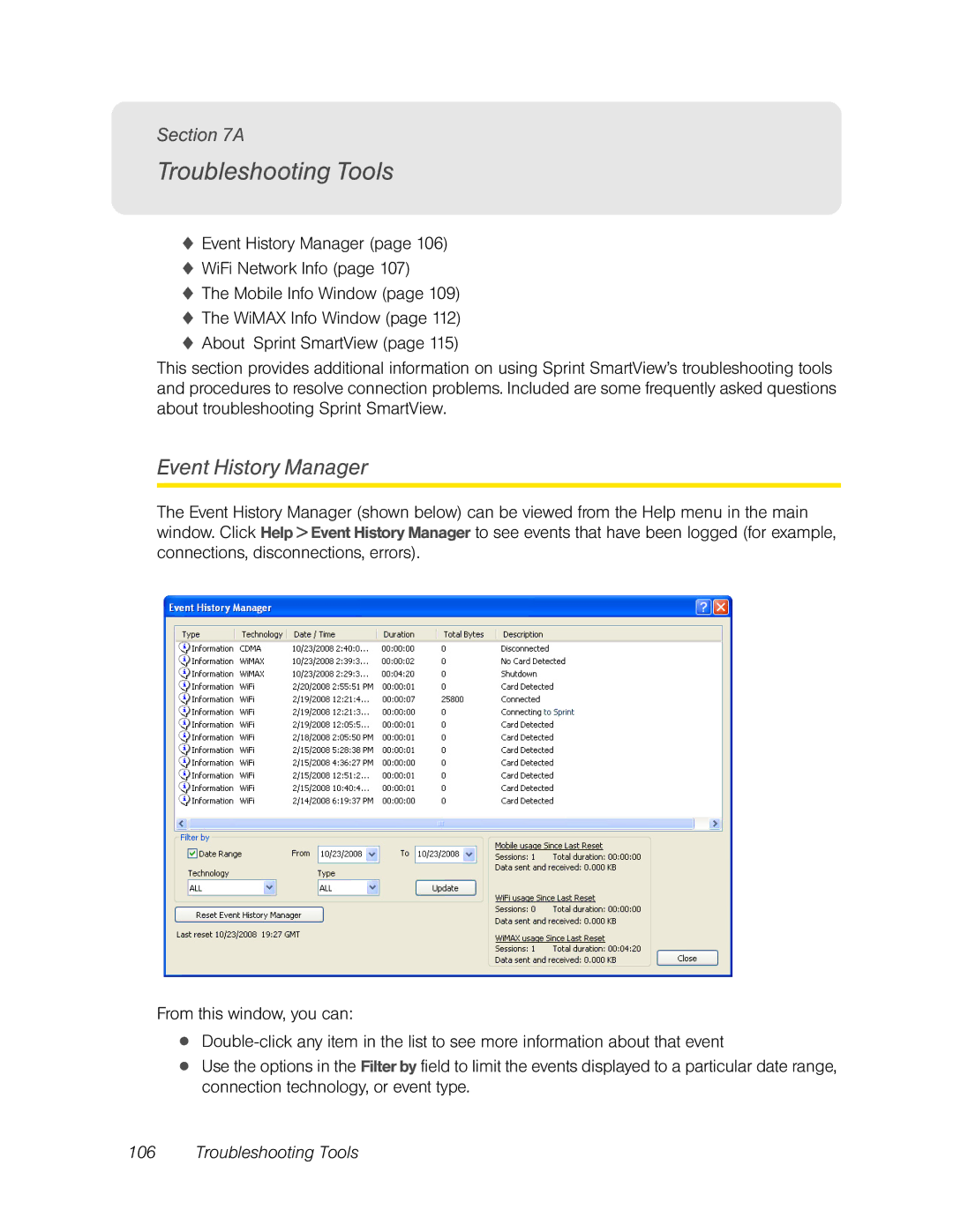 Franklin U600 manual Troubleshooting Tools, Event History Manager 