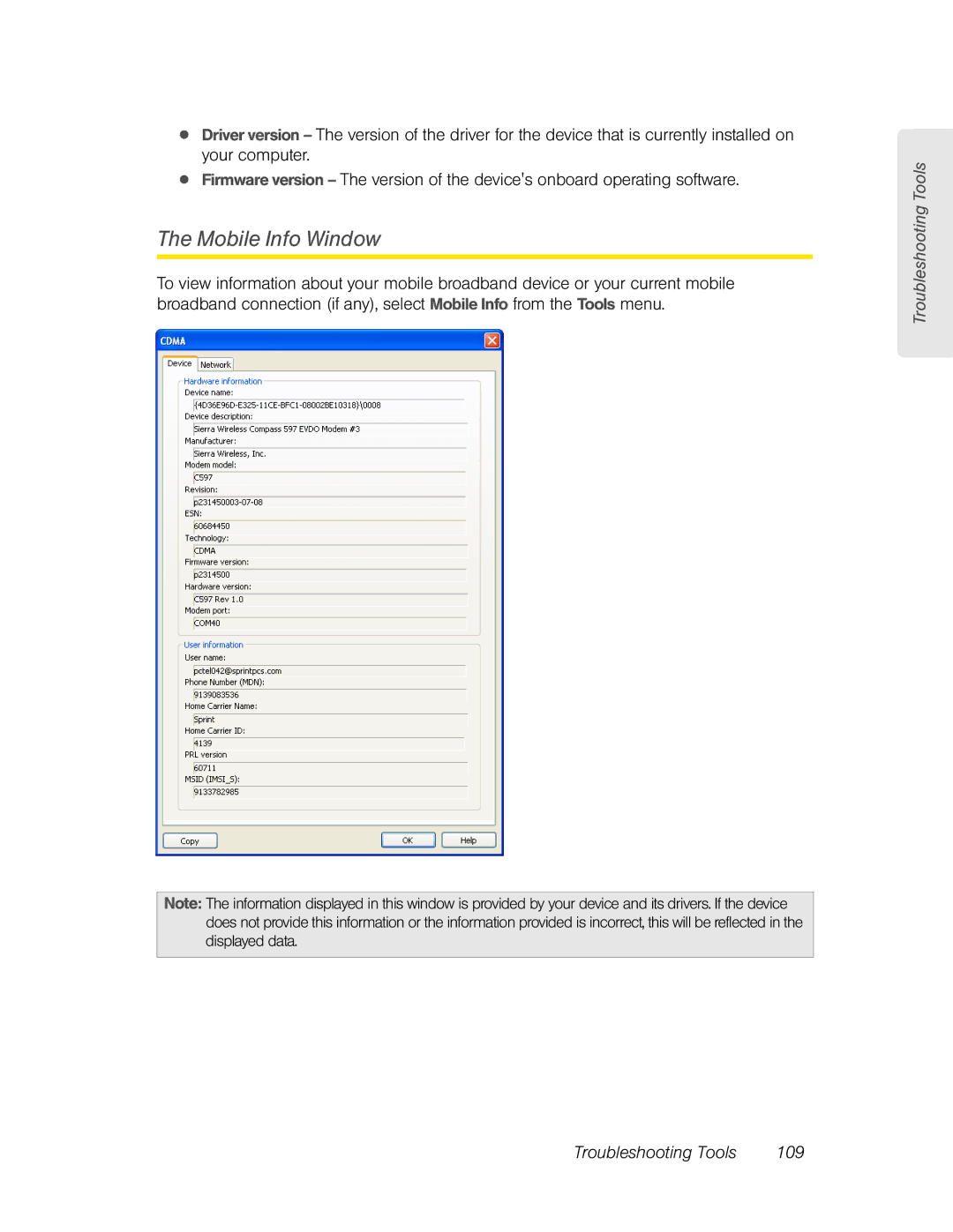 Franklin U600 manual Mobile Info Window, Troubleshooting Tools 109 