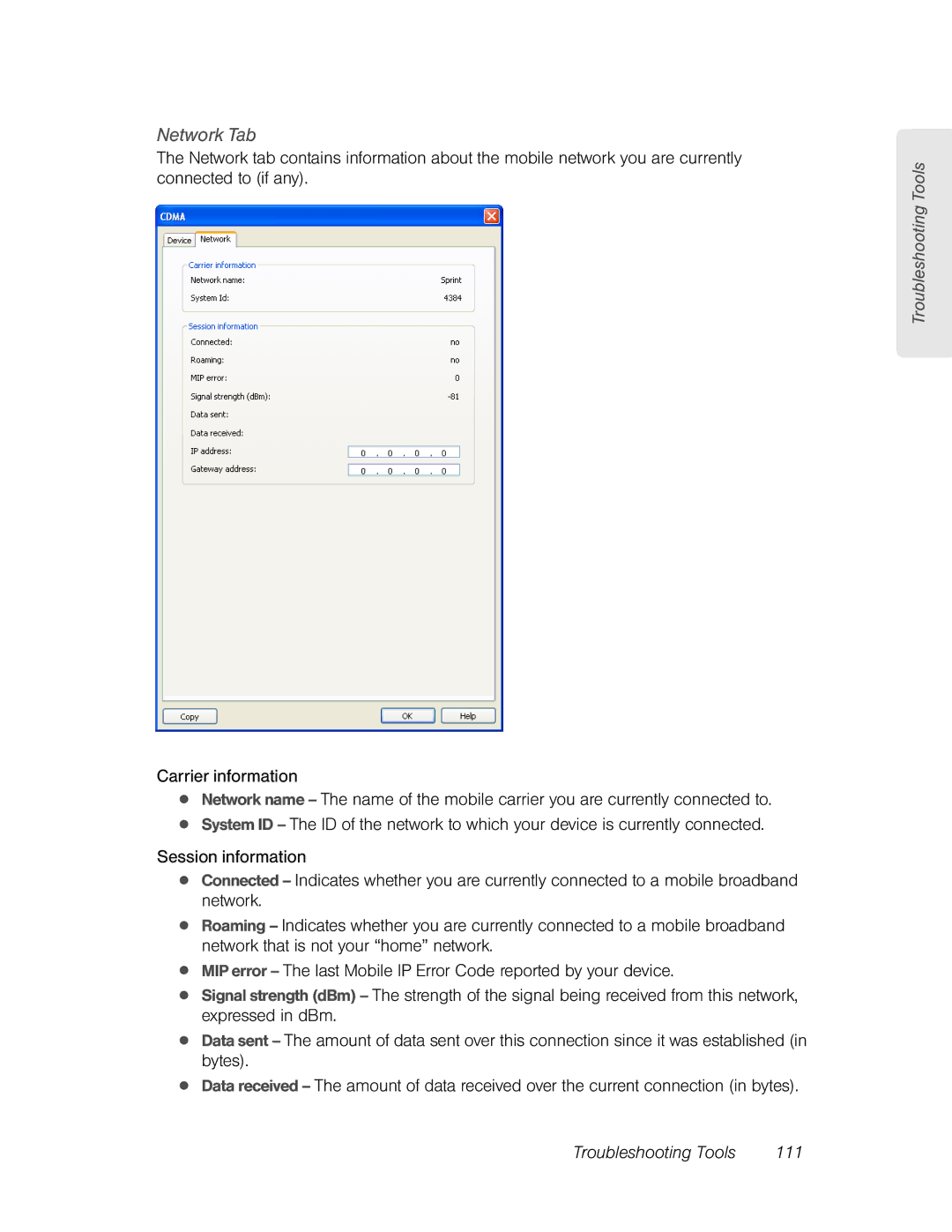 Franklin U600 manual Network Tab, Troubleshooting Tools 111 