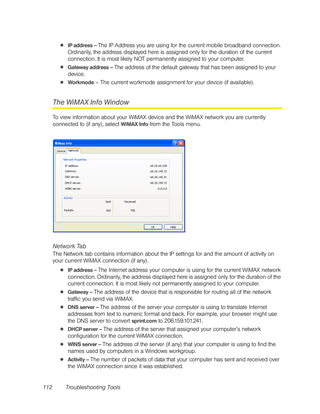 Franklin U600 manual WiMAX Info Window 