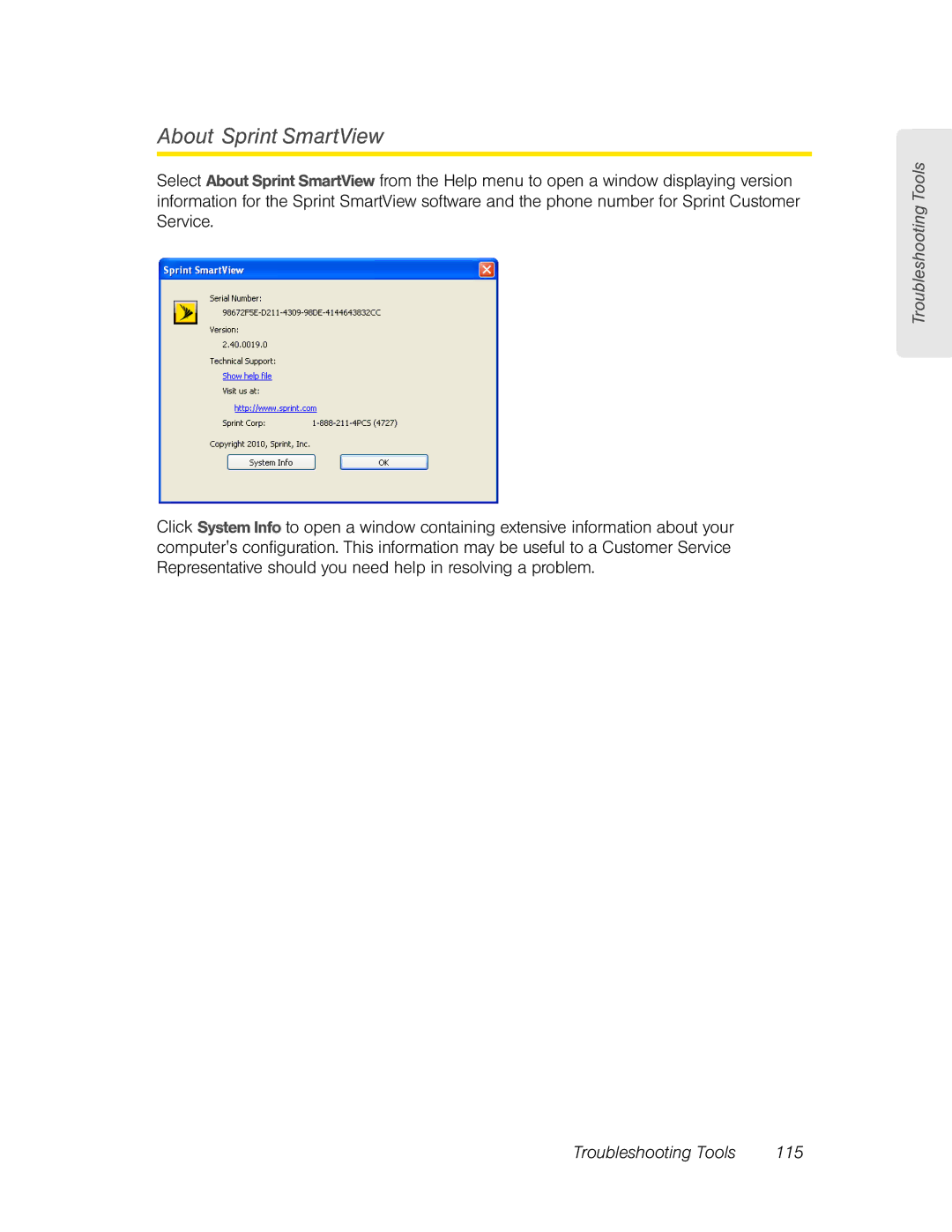 Franklin U600 manual About Sprint SmartView, Troubleshooting Tools 115 