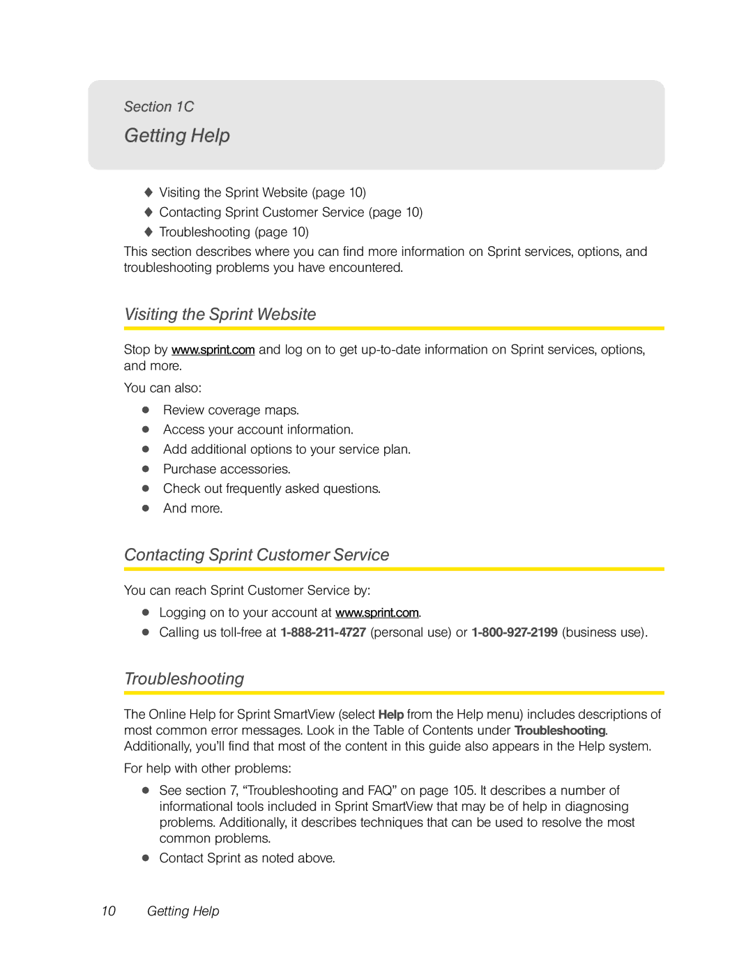 Franklin U600 manual Getting Help, Visiting the Sprint Website, Contacting Sprint Customer Service, Troubleshooting 