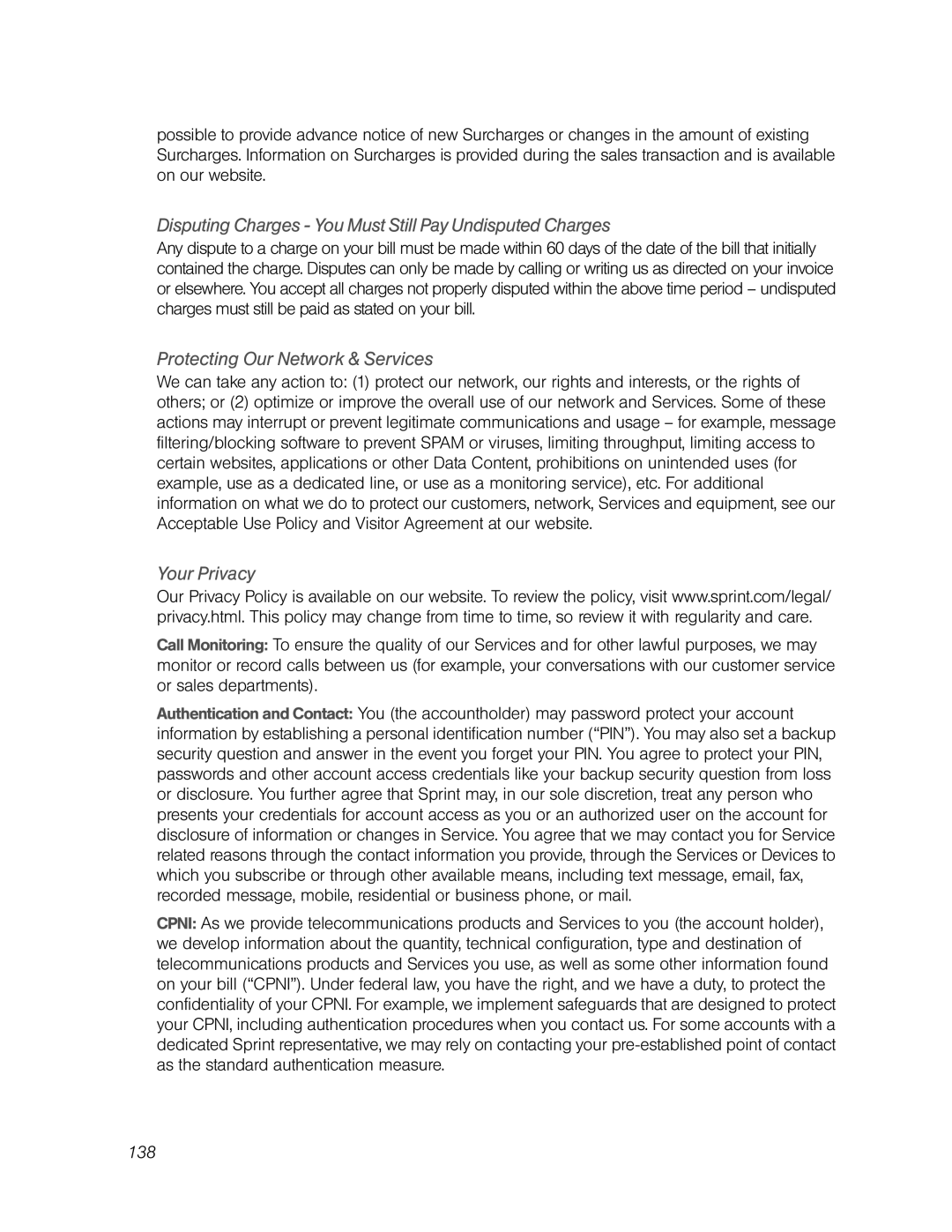 Franklin U600 Disputing Charges You Must Still Pay Undisputed Charges, Protecting Our Network & Services, Your Privacy 