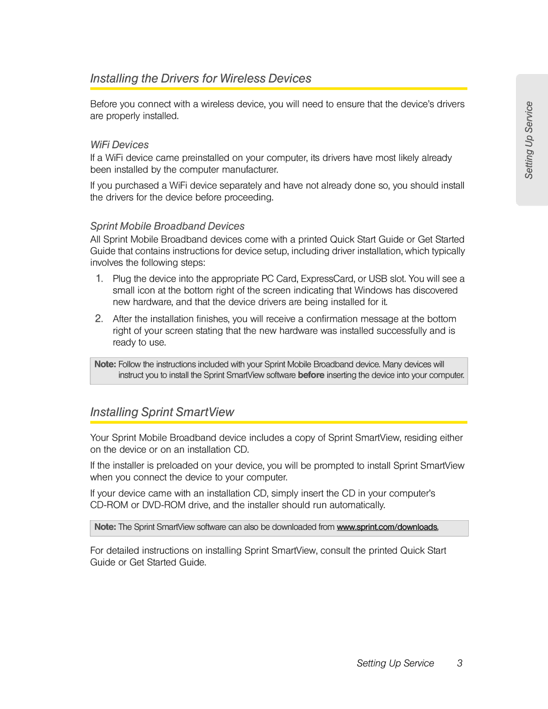 Franklin U600 manual Installing the Drivers for Wireless Devices, Installing Sprint SmartView, WiFi Devices 