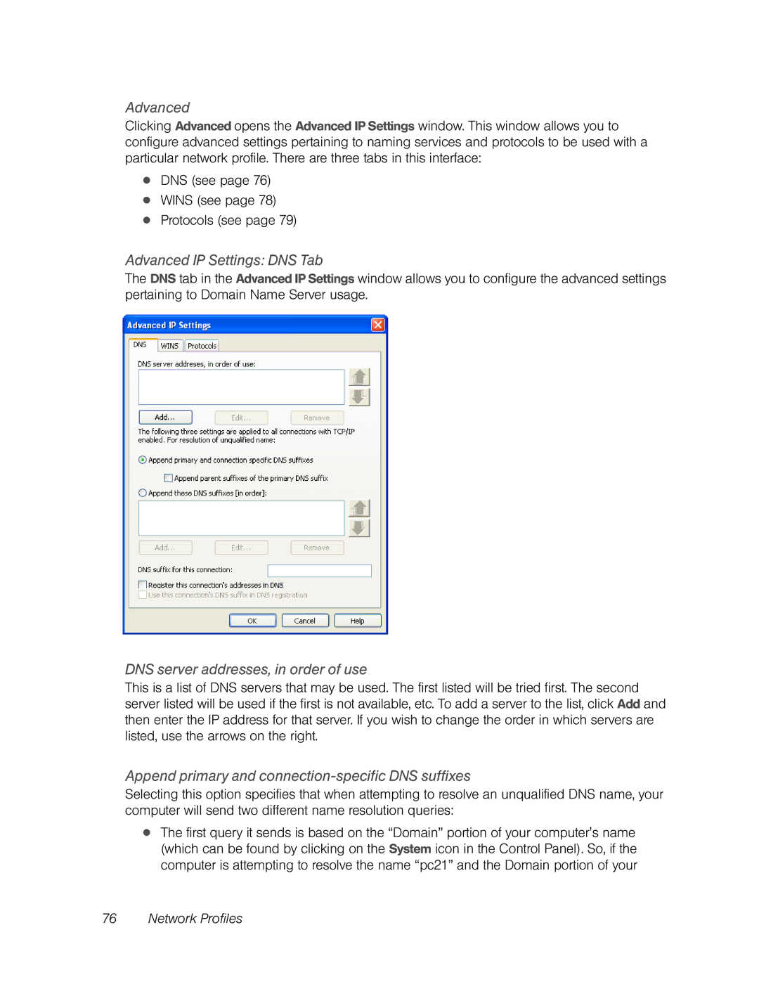 Franklin U600 manual Advanced IP Settings DNS Tab, DNS server addresses, in order of use 