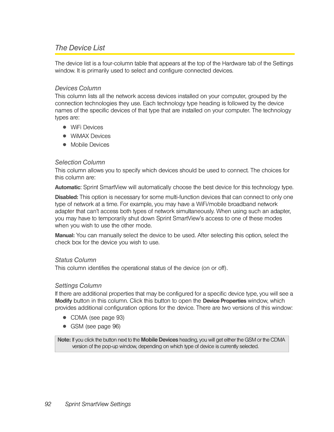 Franklin U600 manual Device List, Devices Column, Selection Column, Status Column, Settings Column 