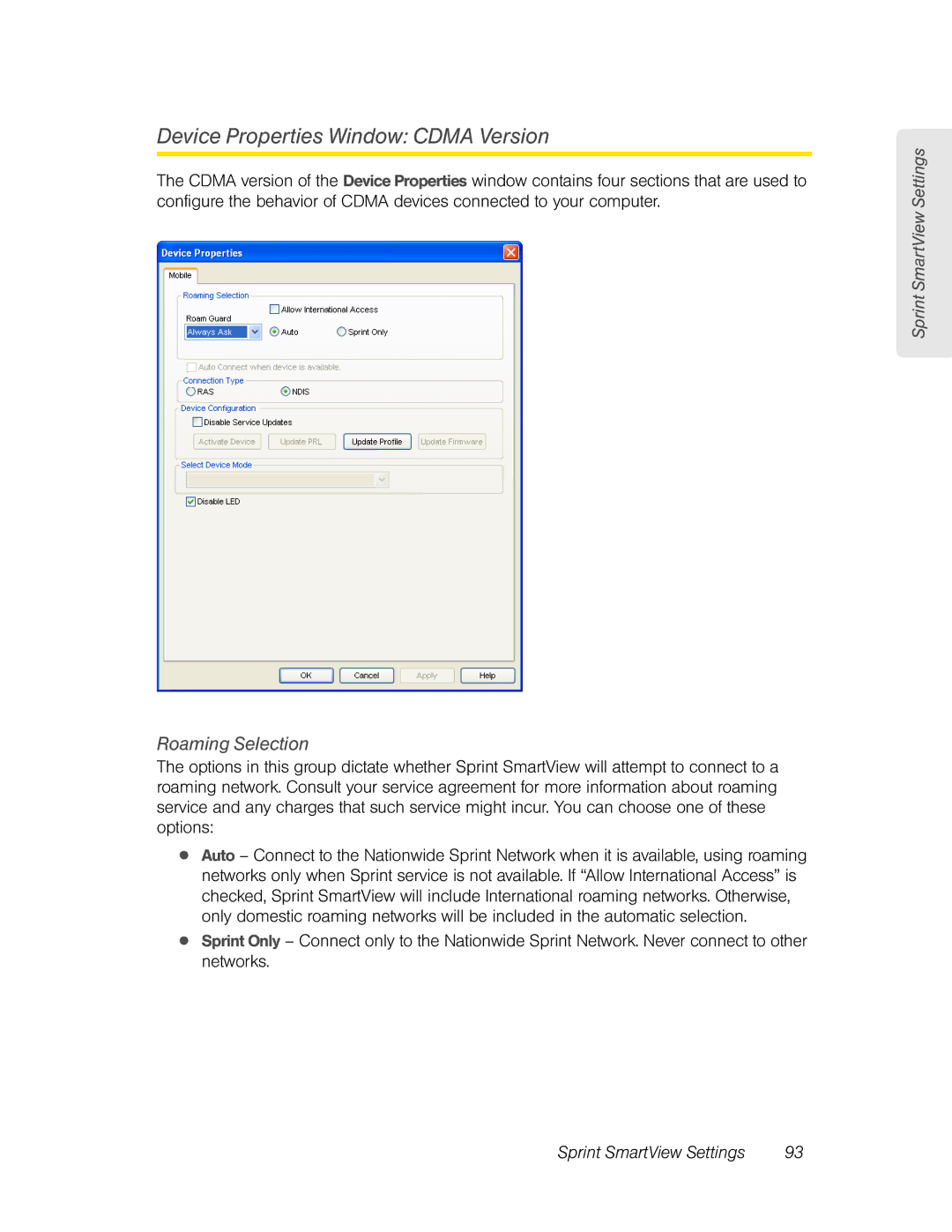 Franklin U600 manual Device Properties Window Cdma Version, Roaming Selection 