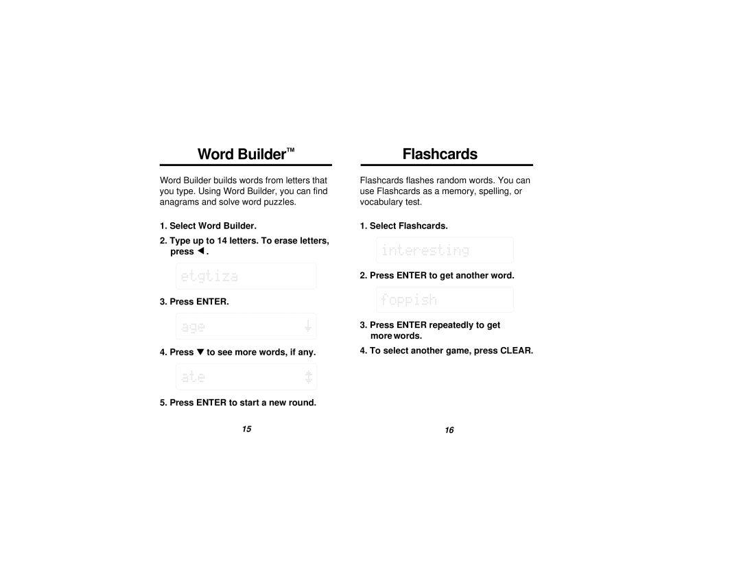 Franklin WG-15 manual Word Builder, Flashcards 