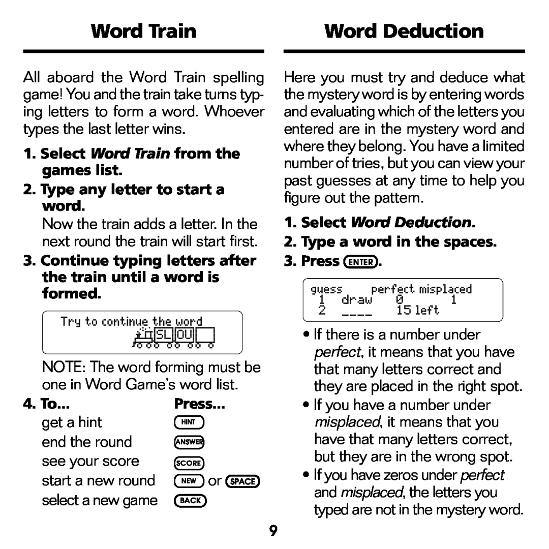 Franklin WGM-2037 Word Train, Word Deduction, If there is a number under, that many letters correct and, 4. To, Press 