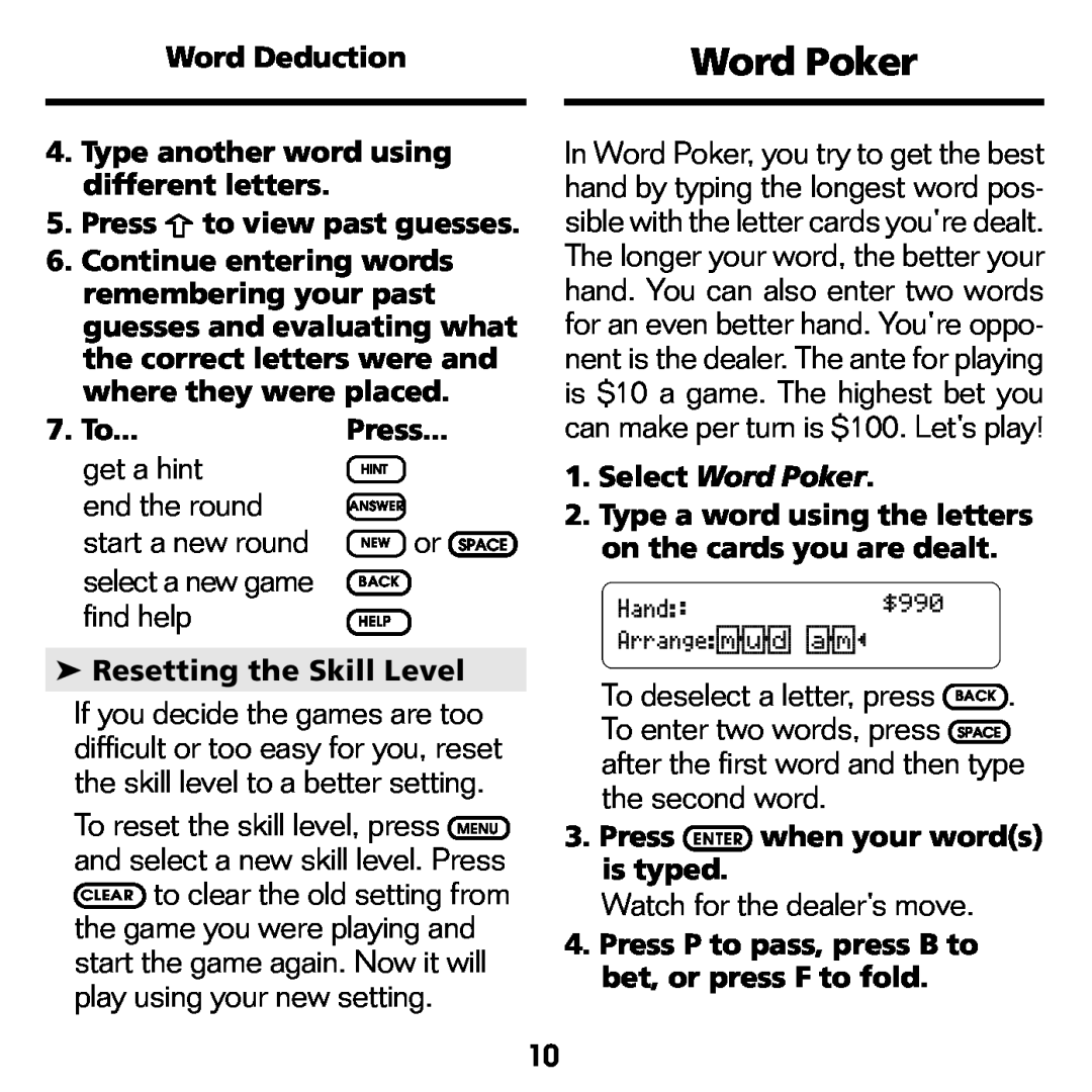 Franklin WGM-2037 Word Poker, Word Deduction 4. Type another word using different letters, Press to view past guesses 
