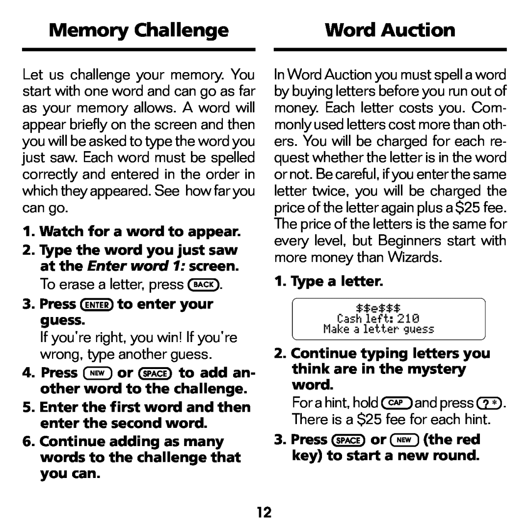 Franklin WGM-2037 manual Memory Challenge, Word Auction, Watch for a word to appear, Press ENTER to enter your guess 
