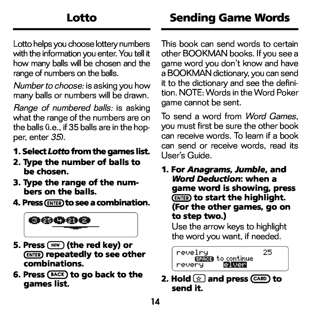 Franklin WGM-2037 manual Sending Game Words, Select Lotto from the games list, Type the number of balls to be chosen 