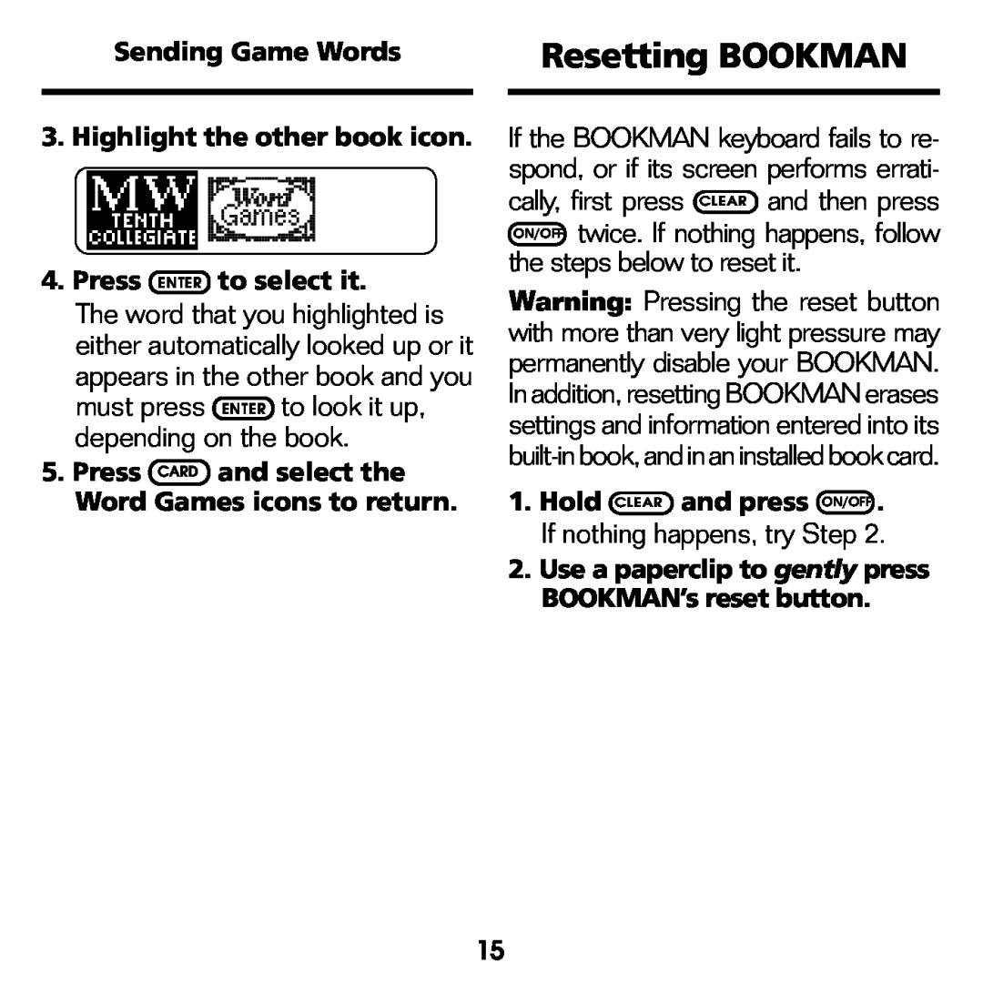 Franklin WGM-2037 manual Resetting BOOKMAN, Sending Game Words 3. Highlight the other book icon, Press ENTER to select it 