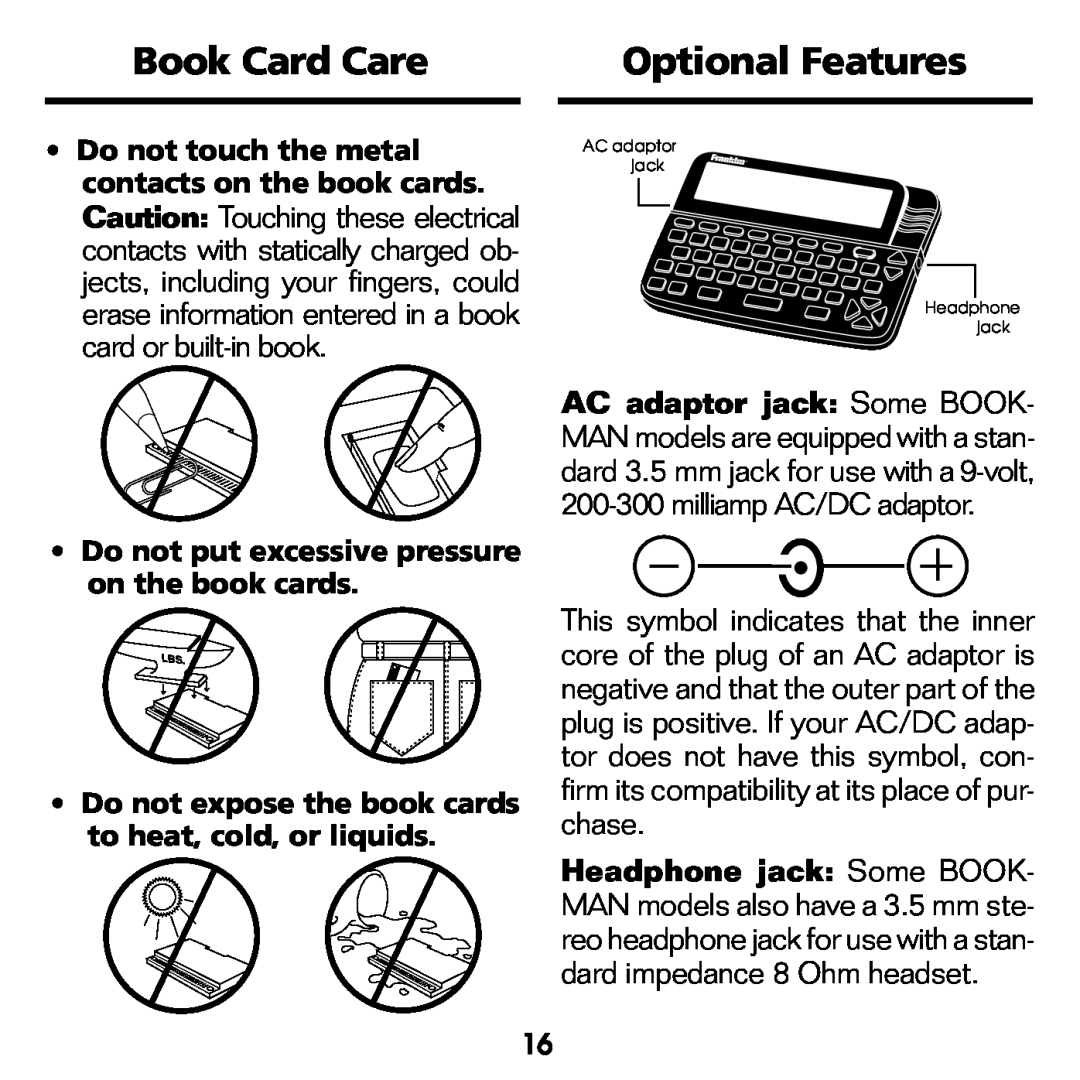 Franklin WGM-2037 manual Book Card Care, Optional Features, Do not touch the metal contacts on the book cards 
