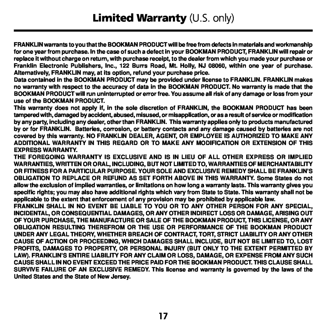 Franklin WGM-2037 manual Limited Warranty U.S. only 