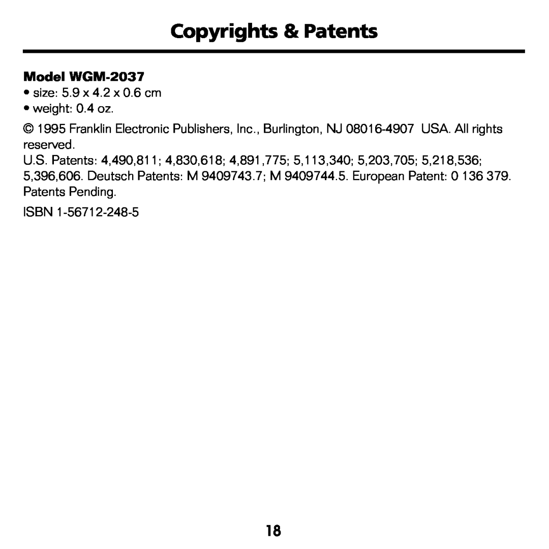 Franklin manual Copyrights & Patents, Model WGM-2037 