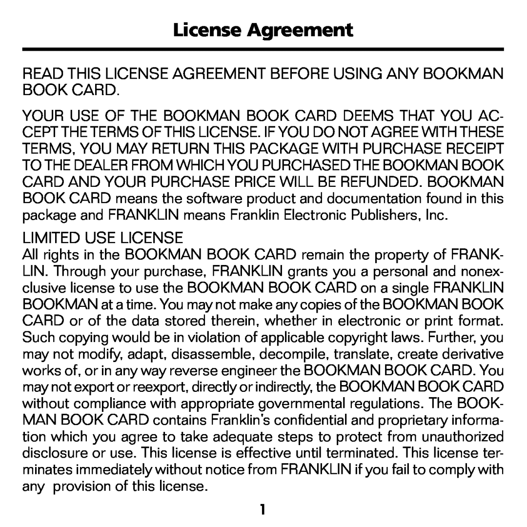 Franklin WGM-2037 manual Read This License Agreement Before Using Any Bookman Book Card, Limited Use License 