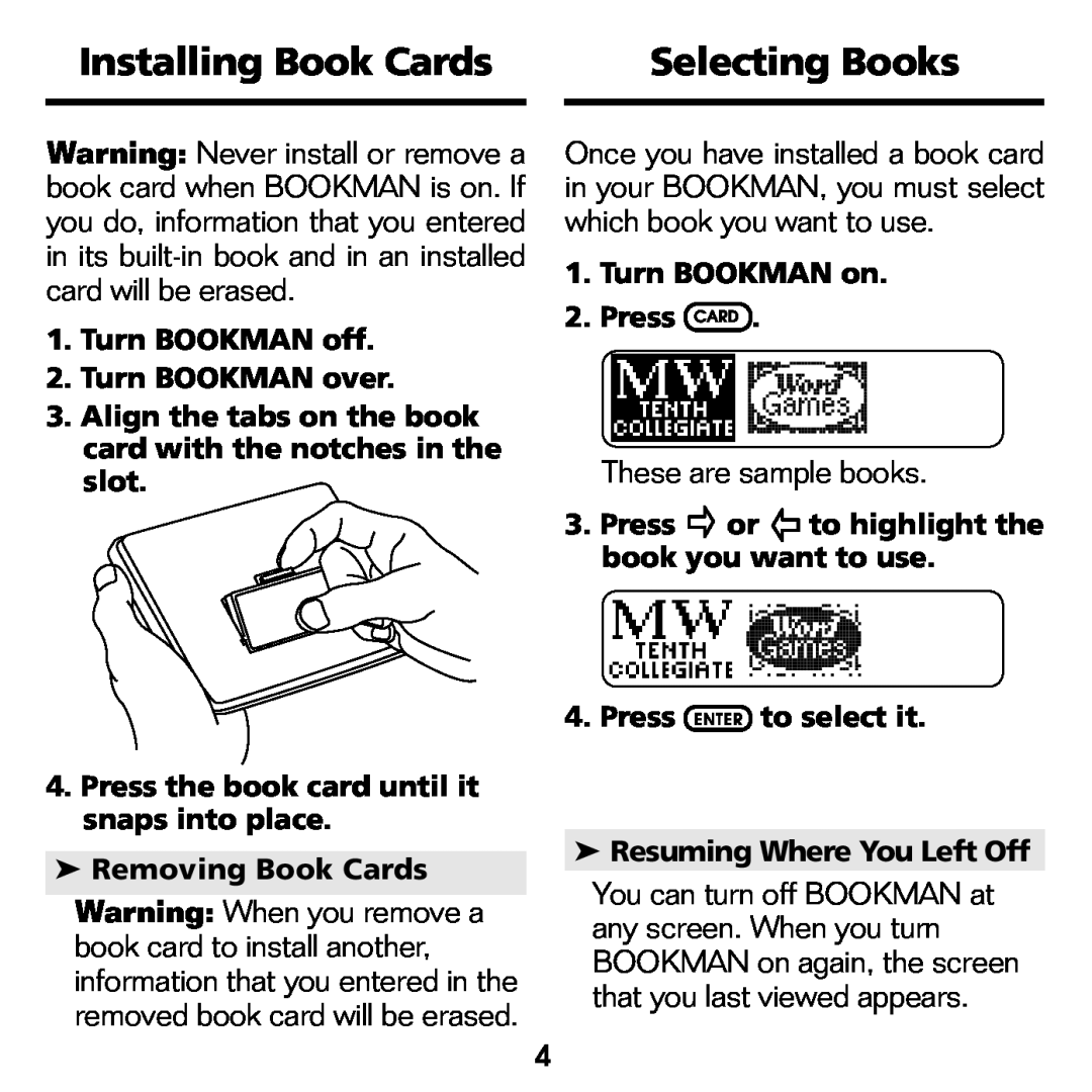 Franklin WGM-2037 Installing Book Cards, Selecting Books, These are sample books, Turn BOOKMAN off 2. Turn BOOKMAN over 