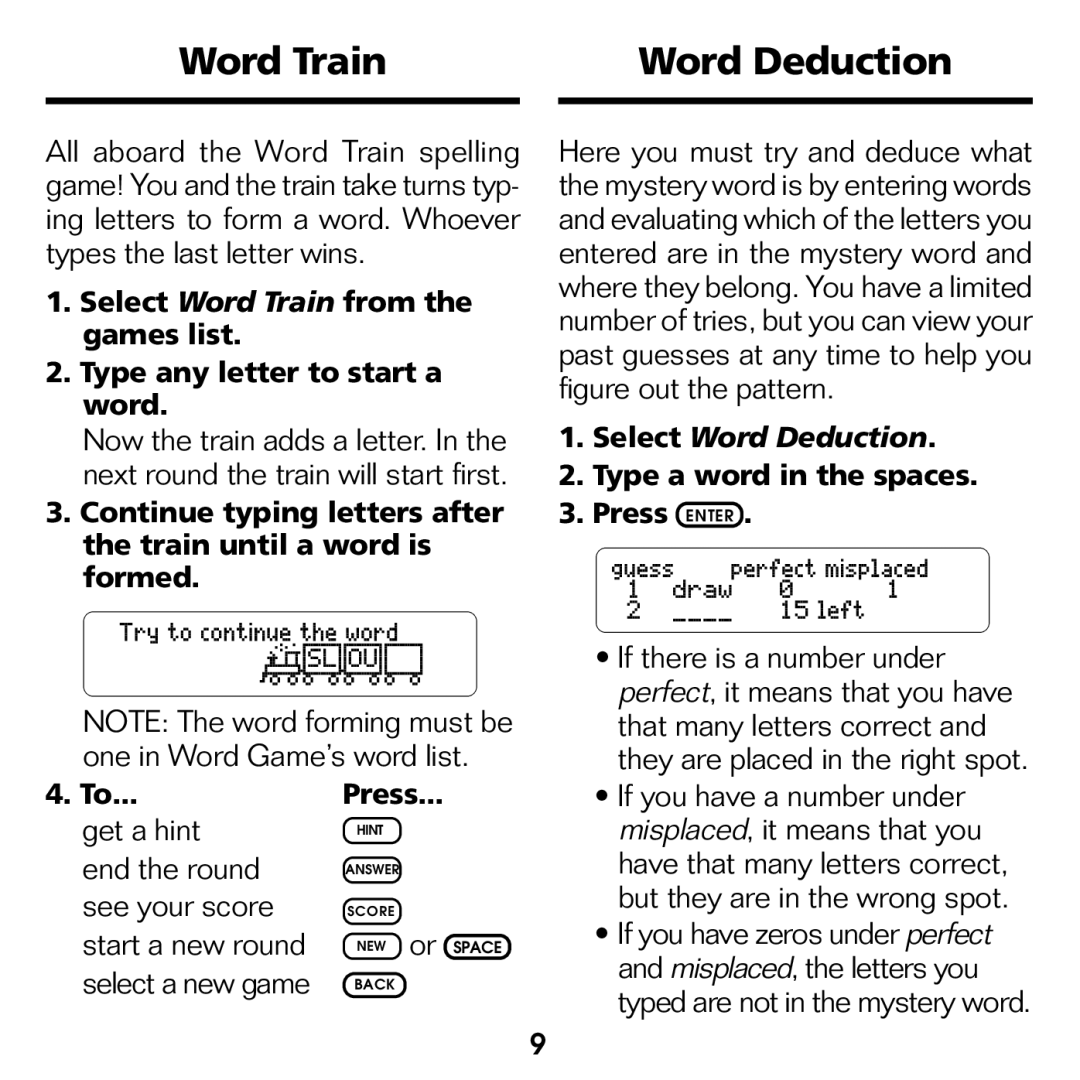 Franklin WGM-2037 manual Word Train Word Deduction, If you have a number under, Misplaced, it means that you, Press 