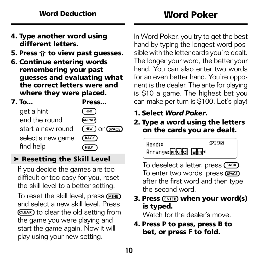 Franklin WGM-2037 manual Word Poker 