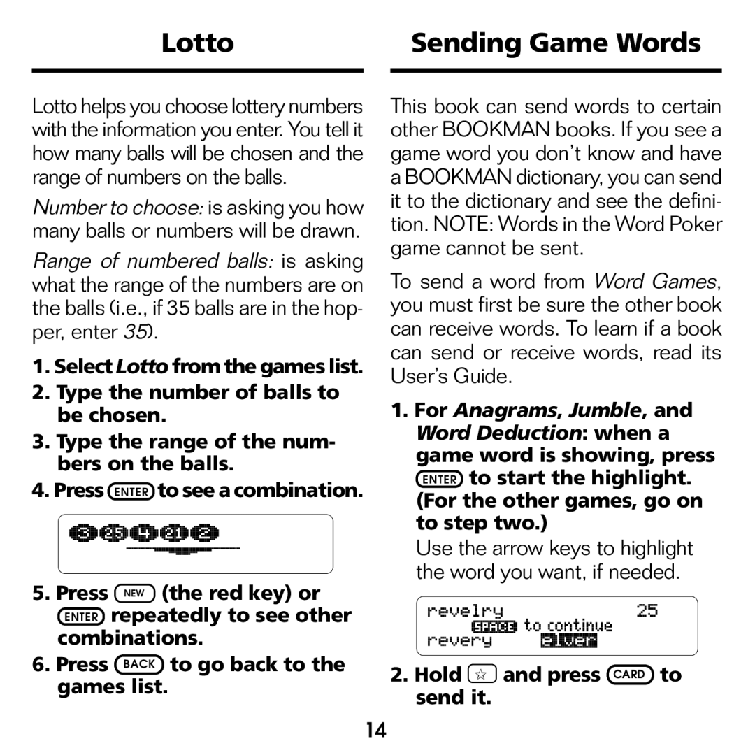 Franklin WGM-2037 manual Lotto Sending Game Words, Hold and press Card to send it 