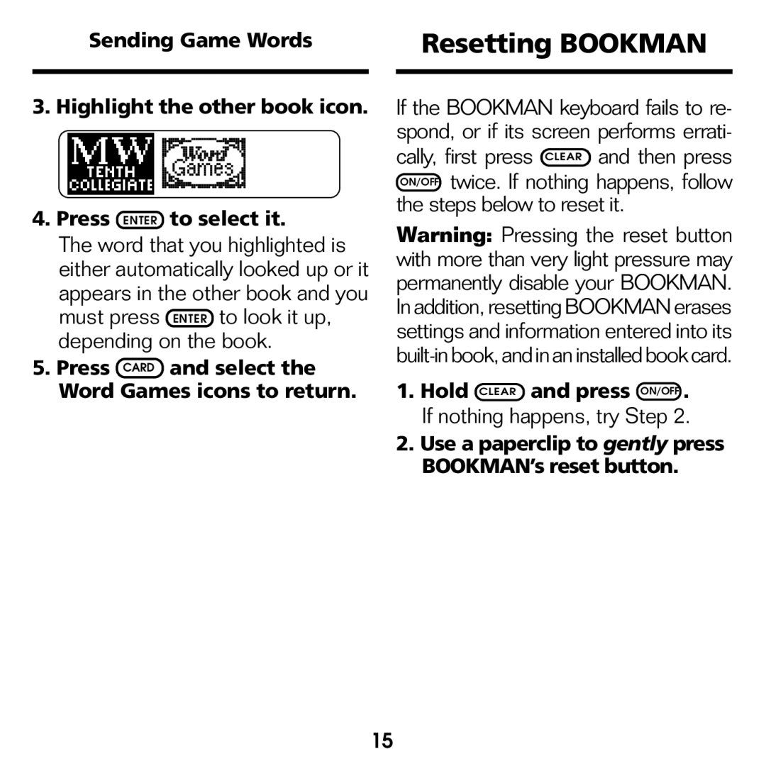 Franklin WGM-2037 manual Resetting Bookman, Press Card and select Word Games icons to return 