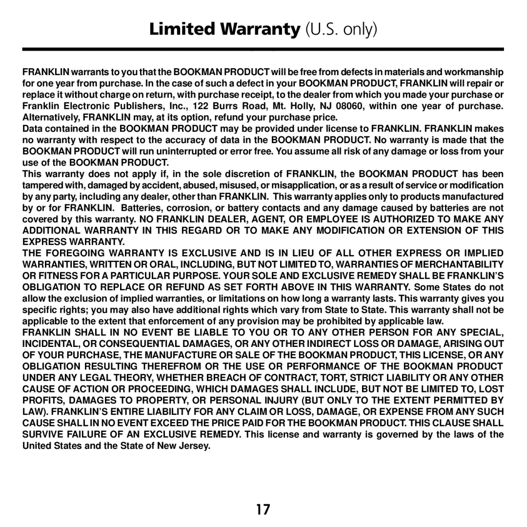 Franklin WGM-2037 manual Limited Warranty U.S. only 