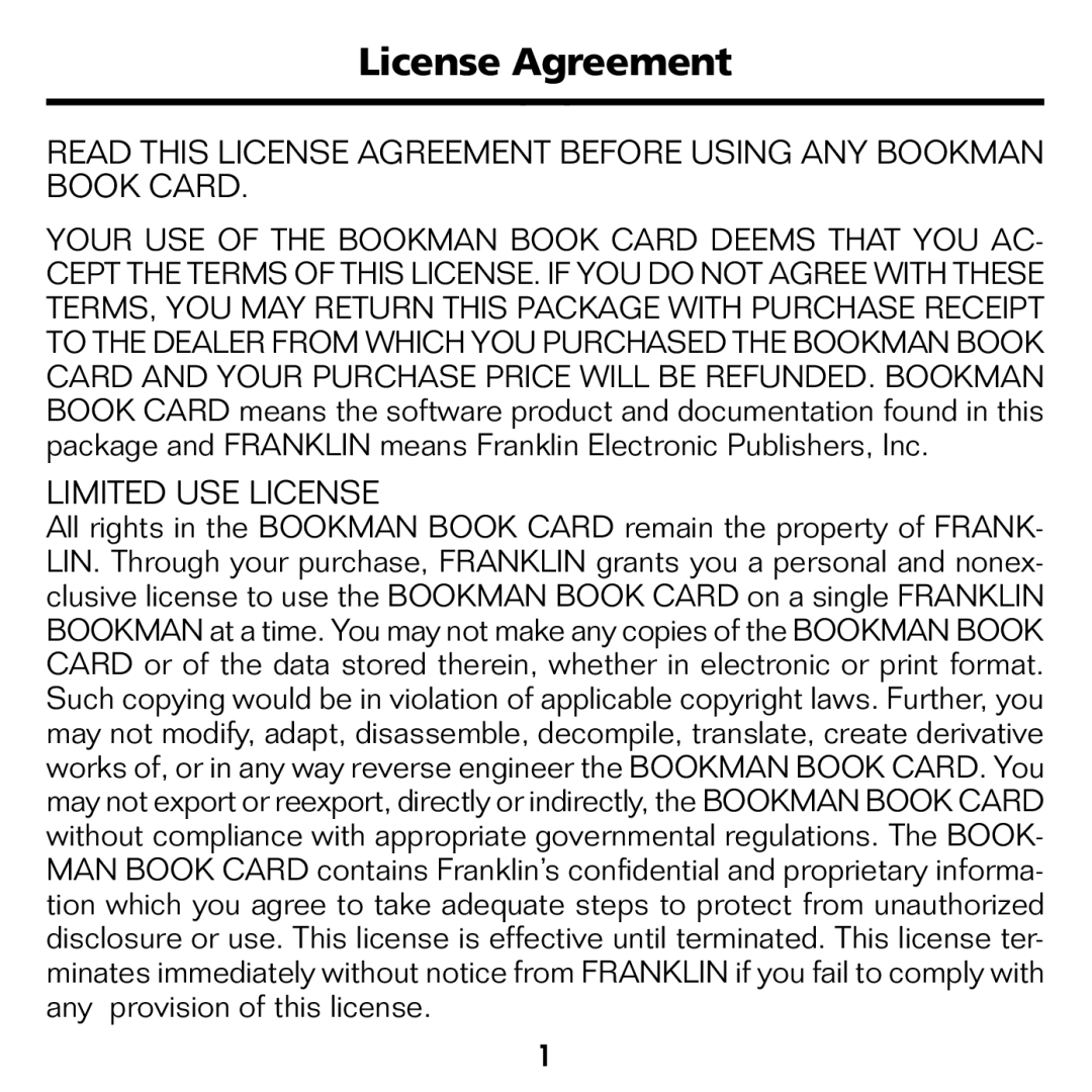 Franklin WGM-2037 manual License Agreement, Limited USE License 